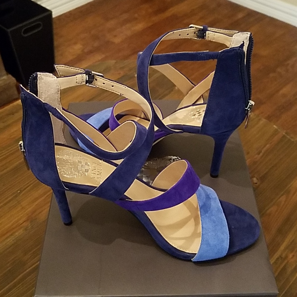 Vince Camuto blue & purple strappy suede heels